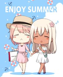 Rule 34 | 2girls, :&lt;, = =, ahoge, anchor, bad id, bad pixiv id, bag, blonde hair, blue eyes, blush stickers, casual, closed eyes, commentary request, dress, eighth note, engiyoshi, flower, food, full body, hair flower, hair ornament, hat, highres, i-58 (kancolle), ice cream, ice cream cone, kantai collection, lifebuoy, multicolored background, multiple girls, musical note, one-piece tan, pink dress, pink hair, ro-500 (kancolle), shopping bag, short hair, swim ring, tan, tanline, white dress