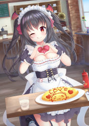 Rule 34 | 1girl, ;), a4 takahashi, apron, black footwear, black hair, blush, bow, breasts, chair, cleavage, coffee grinder, flower, food, garter straps, glass, heart, heart hands, highres, indoors, ketchup, long hair, looking at viewer, maid, medium breasts, omelet, omurice, one eye closed, original, phonograph, pink bow, red eyes, smile, solo, spoon, table, tongue, tongue out, very long hair, waitress, white legwear, window, wristband