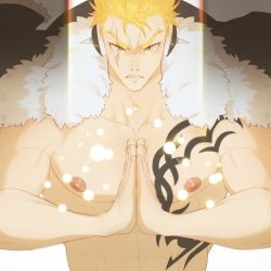 Rule 34 | 1boy, bara, blonde hair, chest tattoo, facial mark, fairy tail, frown, headphones, jacket, jacket on shoulders, large pectorals, laxus dreyar, looking at viewer, male focus, muscular, muscular male, nipples, palms together, pectorals, punim410, short hair, solo, tattoo, thick eyebrows, topless male, upper body