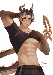 Rule 34 | 1boy, abs, arknights, arm behind head, arm tattoo, artist name, bara, black shirt, blush, brown eyes, brown hair, chong yue (arknights), clothes lift, dragon boy, dragon horns, dragon tail, groin, hand up, highres, horns, lifted by self, looking at viewer, lyeam orangecat, male focus, multicolored hair, navel hair, nipples, open mouth, pointy ears, shirt, shirt lift, short hair, short sleeves, signature, simple background, solo, streaked hair, sweat, tail, tattoo, toned, toned male, upper body, white background