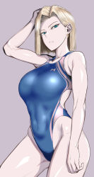Rule 34 | 1girl, android 18, anegawa eiji, bad id, bad pixiv id, blonde hair, blue eyes, breasts, collarbone, competition swimsuit, contrapposto, covered navel, cowboy shot, dragon ball, dragonball z, earrings, frown, hair intakes, highleg, highleg swimsuit, highres, jewelry, large breasts, looking at viewer, one-piece swimsuit, shiny clothes, short hair, solo, standing, swimsuit