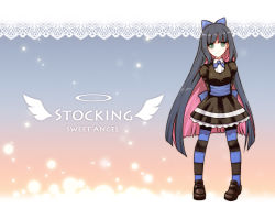 10s 1girl acea4 arms_behind_back bow colored_inner_hair female_focus green_eyes hair_bow long_hair looking_at_viewer multicolored_hair panty_&amp;_stocking_with_garterbelt smile solo stocking_(psg) striped_clothes striped_thighhighs thighhighs two-tone_hair very_long_hair