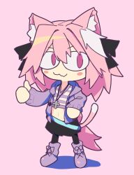 Rule 34 | &lt;|&gt; &lt;|&gt;, :3, anemielle, animal ear fluff, animal ears, astolfo (fate), astolfo (memories at trifas) (fate), belt, black bow, black skirt, blush, bow, braid, cat ears, cat tail, crop top, cross, cross necklace, fang, fate/apocrypha, fate/grand order, fate (series), fusion, hair bow, hair intakes, hair ribbon, highres, jacket, jewelry, long braid, long hair, looking at viewer, melty blood, midriff, multicolored hair, necklace, neco-arc, neco spirit, official alternate costume, pink hair, purple eyes, ribbon, shirt, simple background, single braid, skirt, smile, solo, standing, striped, sweater jacket, tail, tsukihime, type-moon