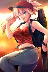 Rule 34 | 1girl, backlighting, backpack, bad id, bad pixiv id, bag, bare shoulders, baseball cap, belt, blue eyes, blue pants, blush, breasts, cleavage, clothes writing, collarbone, denim, earrings, fate/grand order, fate (series), hat, heroic spirit traveling outfit, highres, jeans, jewelry, large breasts, long hair, looking at viewer, midriff, miyamoto musashi (fate), miyamoto musashi (traveling outfit) (fate), navel, one eye closed, open mouth, pants, pink hair, ponytail, red headwear, red tank top, samoore, smile, sunset, swept bangs, tank top, thighs