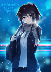 Rule 34 | 1girl, akisoba, arm behind back, bag, blush, breath, brown scarf, closed mouth, coat, duffel coat, fringe trim, green necktie, hair between eyes, hair ornament, hair scrunchie, hand up, lens flare, light smile, long hair, looking at viewer, necktie, original, plaid, plaid necktie, plaid neckwear, plaid scarf, ponytail, scarf, school bag, school uniform, scrunchie, sidelocks, smile, solo, standing, sweater, upper body, white sweater