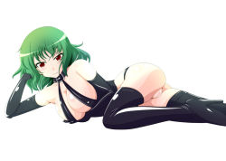 Rule 34 | 1girl, bdsm, breasts, collar, elbow gloves, female focus, gloves, green hair, kazami yuuka, latex, latex gloves, latex legwear, lying, pussy, red eyes, simple background, solo, tamakko, thighhighs, touhou, uncensored, white background