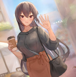 Rule 34 | 1girl, artist name, bag, black hair, black shirt, blush, brown skirt, closed mouth, commission, cup, hair between eyes, holding, holding cup, kantai collection, long hair, long sleeves, nagato (kancolle), red eyes, shirt, shoulder bag, signature, skeb commission, skirt, smile, solo, upper body, wss (nicoseiga19993411)