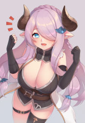 Rule 34 | 1girl, :d, belt, black gloves, black thighhighs, blue eyes, blush, braid, breasts, cleavage, clenched hands, coat, elbow gloves, fingerless gloves, gloves, granblue fantasy, hair ornament, hair over one eye, hands up, horns, hsuliherng, huge breasts, large breasts, leg belt, long hair, looking at viewer, narmaya (granblue fantasy), notice lines, one eye covered, open mouth, pink hair, pointy ears, purple background, simple background, single thighhigh, sleeveless, smile, solo, thighhighs