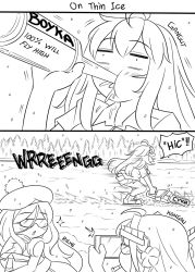 Rule 34 | 2koma, 3girls, :d, ahoge, beret, blush, bottle, breasts, cellphone, chainsaw, character name, cleavage, collared shirt, comic, commentary, day, double bun, drinking, drunk, english commentary, english text, gangut (kancolle), greyscale, guin guin, hair between eyes, hair bun, hat, headgear, holding, holding bottle, holding chainsaw, holding phone, ice skates, kantai collection, kongou (kancolle), long hair, medium breasts, mole, mole under eye, monochrome, multiple girls, open mouth, outdoors, parted lips, phone, pleated skirt, profile, richelieu (kancolle), safety glasses, shirt, short sleeves, skates, skirt, smile, snow, speed lines, sunglasses, taking picture, tongue, tongue out, tree, very long hair