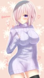 Rule 34 | 1girl, alternate costume, blush, breasts, fate/grand order, fate (series), hair over one eye, highres, large breasts, looking at viewer, mash kyrielight, purple eyes, short hair, sleeves past wrists, solo, sweater, tanaji, thighhighs, zettai ryouiki