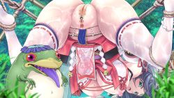 Rule 34 | arms behind back, bdsm, bell, blue eyes, breasts, breasts out, cherry blossom print, day, detached sleeves, floral print, highres, japanese clothes, kappa, let&#039;s go taimamico, long hair, maebari, miko, nipples, ofuda, ofuda on pussy, outdoors, ribbon-trimmed clothes, ribbon trim, river, skirt, thighhighs, tongue, tongue out, tree, v-mag, wet, wet clothes, white legwear, yin yang