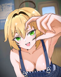 1girl :d absurdres ahoge armpits bare_shoulders blonde_hair blue_overalls breasts cleavage collarbone dooby_(vtuber) foreshortening green_eyes highres indie_virtual_youtuber katosh looking_at_viewer medium_breasts open_mouth overalls short_eyebrows smile solo strapless thick_eyebrows train_interior tube_top virtual_youtuber