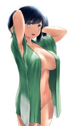 Rule 34 | 1girl, :d, armpits, arms behind head, arms up, bare arms, blue eyes, blue hair, breasts, cowboy shot, green robe, highres, kantai collection, large breasts, looking at viewer, naked robe, open clothes, open mouth, open robe, robe, short sleeves, short twintails, simple background, smile, solo, souryuu (kancolle), standing, twintails, wa (genryusui), wet, white background
