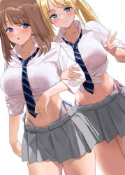 Rule 34 | 2girls, :3, black necktie, blonde hair, blue eyes, blue panties, blush, breasts, brown hair, closed mouth, collared shirt, commentary request, grey skirt, kaisen chuui, large breasts, looking at viewer, multiple girls, navel, necktie, original, panties, pink panties, school uniform, shirt, short hair, side-tie panties, simple background, skirt, smile, striped necktie, thighs, tied shirt, twintails, underwear, v, white background, white shirt