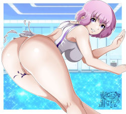 Rule 34 | 10s, 1girl, absurdres, anus, ass, breasts, competition swimsuit, eyes visible through hair, highres, indoors, kawai hanabi, keijo!!!!!!!!, large breasts, looking at viewer, looking back, monteferro, one-piece swimsuit, pink hair, purple eyes, pussy, signature, smile, solo, swimsuit, torn clothes, torn swimsuit, uncensored, wardrobe malfunction, waving