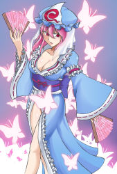Rule 34 | 1girl, absurdres, amamiya akito, breasts, bug, butterfly, cleavage, dual wielding, hand fan, female focus, folding fan, hat, highres, holding, bug, large breasts, pink hair, red eyes, saigyouji yuyuko, short hair, solo, touhou