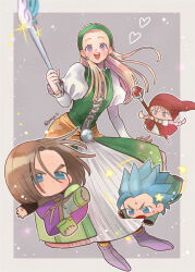Rule 34 | 2boys, 2girls, :d, artist name, blonde hair, blue eyes, blue hair, border, brown hair, camus (dq11), chibi, commentary request, dragon quest, dragon quest xi, dress, earrings, eyelashes, green hairband, grey background, hairband, heart, hero (dq11), holding, holding staff, jewelry, long dress, long hair, medium hair, multiple boys, multiple girls, open mouth, outside border, puffy sleeves, purple eyes, red headwear, senya (dq11), simple background, smile, spiked hair, staff, star (symbol), sweat, teeth, twitter username, upper teeth only, v-shaped eyebrows, veronica (dq11), white border, white dress, y22pi11