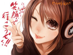 Rule 34 | 1girl, ;p, brown eyes, brown hair, close-up, headphones, okamocheese, one eye closed, original, signature, simple background, solo, tongue, tongue out, wink
