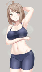 Rule 34 | 1girl, ahoge, arm under breasts, arm up, armpits, bare shoulders, bike shorts, black sports bra, blush, breasts, brown background, brown eyes, brown hair, chado maki, cleavage, closed mouth, collarbone, commentary request, cowboy shot, groin, hair between eyes, highres, large breasts, looking at viewer, midriff, myouan, navel, original, presenting armpit, short hair, sidelocks, simple background, skindentation, solo, sports bra, standing, steam, sweat, taut clothes, thick eyebrows