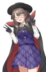 Rule 34 | 1girl, :d, absurdres, black cape, black gloves, black hat, blush, bow, brown hair, buttons, cape, card, collared cape, double v, fedora, glasses, gloves, hat, hat bow, highres, long sleeves, looking at viewer, low twintails, medium hair, medium skirt, open mouth, orb, phone, plaid, plaid skirt, plaid vest, pleated skirt, purple skirt, purple vest, quimbaya airplane, red-framed eyewear, red cape, sefushi, semi-rimless eyewear, shirt, skirt, smile, solo, touhou, twintails, two-sided cape, two-sided fabric, usami sumireko, v, vest, white bow, white shirt