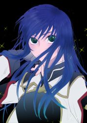 Rule 34 | 1girl, blue hair, fingerless gloves, gloves, green eyes, hair flowing over, long hair, looking at viewer, maria traydor, simple background, solo, sparkle, star ocean, star ocean till the end of time, weave