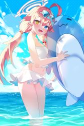 Rule 34 | 1girl, :d, absurdres, ahoge, bare shoulders, beach, bikini, bikini skirt, blue archive, blue eyes, blue sky, blush, breasts, cloud, day, frilled bikini, frills, hair between eyes, hair ornament, halo, heterochromia, highres, horizon, hoshino (blue archive), hoshino (swimsuit) (blue archive), hosigarasu22, inflatable toy, innertube, long hair, looking at viewer, low twintails, navel, ocean, open mouth, outdoors, sky, smile, solo, standing, sunlight, swim ring, swimsuit, twintails, very long hair, wading, water, white bikini, yellow eyes