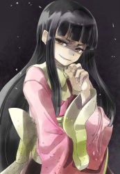 Rule 34 | 1girl, black hair, blouse, blunt bangs, bow, bowtie, brown eyes, grey background, grin, hime cut, houraisan kaguya, looking at viewer, pink shirt, shaded face, shirt, smile, smirk, solo, touhou, upper body, wide sleeves, yellow bow, yellow bowtie, yohane