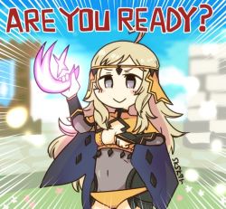 Rule 34 | 1girl, ahoge, artist name, bad id, bad twitter id, blonde hair, blue sky, cape, center opening, circlet, closed mouth, covered navel, day, fire emblem, fire emblem fates, fire emblem heroes, grey eyes, long hair, nintendo, ophelia (fire emblem), sksk7r, sky, smile, solo