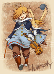 Rule 34 | animal ears, blonde hair, blue eyes, boots, bow, bow (music), rabbit ears, buttons, character name, collar, copyright name, dual persona, earrings, closed eyes, final fantasy, final fantasy tactics a2, final fantasy tactics advance, hurdy, instrument, jewelry, male focus, moogle, music, notes, open mouth, personification, star (symbol), teeth, violin, wings, yumeutu-aoi