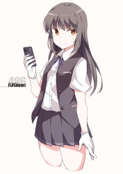 Rule 34 | 1girl, black hair, black skirt, black vest, blue ribbon, brown eyes, cellphone, character name, cropped legs, gloves, hayashio (kancolle), kantai collection, long hair, looking at viewer, mole, mole under eye, neck ribbon, open clothes, open vest, phone, pleated skirt, ribbon, school uniform, shigino sohuzi, shirt, short sleeves, simple background, skirt, solo, vest, white background, white gloves, white shirt