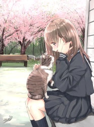 Rule 34 | 1girl, animal, animal on lap, bench, black socks, black sailor collar, black serafuku, black skirt, brown eyes, brown hair, cat, cat on lap, cherry blossoms, commentary request, forest, from side, hand in own hair, highres, kneehighs, long sleeves, looking down, medium hair, nature, on lap, open mouth, original, outdoors, park, petals, pleated skirt, profile, sailor collar, school uniform, serafuku, signature, sitting, skirt, sleeve cuffs, socks, solo, soragane (banisinngurei), spring (season), tree