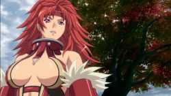 Rule 34 | 1girl, animated, animated gif, bouncing breasts, breasts, earrings, female focus, jewelry, large breasts, long hair, purple eyes, queen&#039;s blade, queen&#039;s blade lost worlds, red hair, risty (queen&#039;s blade), sky, smile, solo, standing, tree, wind