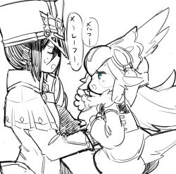 Rule 34 | 2girls, armor, artist request, claws, crop top, detached sleeves, feather hair, feathers, finch (xenoblade), flat chest, fur collar, gem, gloves, goggles, goggles on head, greyscale, hat, long hair, military, military hat, military uniform, monochrome, monster girl, morag ladair (xenoblade), multiple girls, nintendo, open mouth, pauldrons, reverse trap, shoulder armor, simple background, smile, talons, triangle mouth, uniform, xenoblade chronicles (series), xenoblade chronicles 2, xenoblade chronicles (series), xenoblade chronicles 2