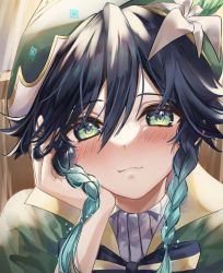 Rule 34 | 1boy, androgynous, bard, beret, bishounen, blue eyes, blue hair, blush, braid, closed mouth, commentary request, flower, genshin impact, gradient hair, green headwear, hat, highres, looking at viewer, male focus, multicolored hair, portrait, short hair with long locks, straight-on, trap, twin braids, una kamra, venti (genshin impact)