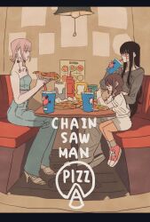 Rule 34 | 3girls, black hair, braid, braided ponytail, brown hair, chainsaw man, child, copyright name, cross scar, cup, earrings, facial scar, fami (chainsaw man), food, hair over shoulder, highres, holding, holding food, holding pizza, jewelry, letterboxed, long hair, looking at another, multiple girls, nayuta (chainsaw man), pizza, restaurant, ringed eyes, scar, scar on cheek, scar on face, short hair, sitting, strapless, takeuchi ryousuke, tassel, tassel earrings, tube top, yoru (chainsaw man)