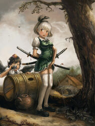 Rule 34 | 2girls, amibazh, barrel, black bow, black bowtie, black footwear, black hairband, black wings, bow, bowtie, breasts, bridge, building, camera, collared shirt, faux traditional media, feathered wings, fine art parody, frilled skirt, frills, full body, green skirt, green vest, grey hair, grey sky, hairband, hat, holding, holding camera, katana, konpaku youmu, large breasts, miniskirt, multiple girls, open mouth, orange eyes, outdoors, parody, peeing, pleated skirt, pom pom (clothes), puffy short sleeves, puffy sleeves, red headwear, shameimaru aya, sheath, sheathed, shirt, shoes, short hair, short sleeves, skirt, skirt set, sky, standing, sword, taking picture, thighhighs, tokin hat, touhou, tree, v-shaped eyebrows, vest, weapon, white shirt, white thighhighs, wings