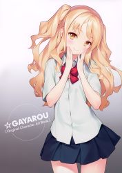 Rule 34 | 1girl, absurdres, blonde hair, bow, bowtie, eyebrows, gayarou, hands on own face, highres, long hair, looking at viewer, school uniform, smile, standing, two side up, yellow eyes