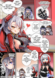 Rule 34 | 4girls, ;), ;p, admiral graf spee (azur lane), azur lane, black gloves, breasts, commentary, crossed arms, detective, english commentary, english text, enterprise (azur lane), essex (azur lane), fingerless gloves, gloves, hair ornament, hat, highres, hm (hmongt), long hair, mole, mole on breast, multicolored hair, multiple girls, necktie, one eye closed, prinz eugen (azur lane), purple eyes, purple hair, scarf, short hair, sideboob, sidelocks, silver hair, smile, tongue, tongue out, twintails, two-tone hair, two side up, underboob, yellow eyes