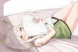 Rule 34 | 1girl, animal ear fluff, animal ears, arknights, bare arms, bare shoulders, bed, blush, dress, green dress, green eyes, highres, holding, hugging object, kal&#039;tsit (arknights), kashiyarrm, looking at viewer, lying, material growth, on back, oripathy lesion (arknights), pillow, pillow hug, short dress, short hair, silver hair, solo, thighs, watch, white background, wristwatch