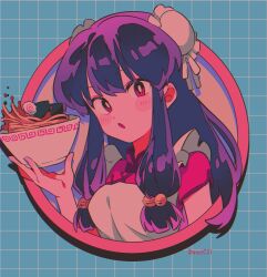 Rule 34 | 1girl, bell, blush stickers, breasts, food, hair bell, hair ornament, highres, looking at viewer, medium breasts, menma (enaic31), noodles, open mouth, purple hair, ramen, ranma 1/2, red eyes, retro artstyle, shampoo (ranma 1/2), solo