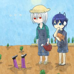 Rule 34 | ..., angry, blue eyes, blue hair, buried, cat, cousins, covering face, covering own mouth, covering privates, curious, devil survivor, farm, gardening, geta, hat, headphones, loki (devil survivor), naoya (devil survivor), overalls, protagonist (devil survivor), red eyes, sandals, shorts, siblings, straw hat, watering can, white hair