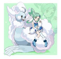 Rule 34 | 1girl, altaria, bare shoulders, blue choker, blue footwear, blue shorts, blue thighhighs, blush stickers, boots, border, brown eyes, choker, closed mouth, creatures (company), earrings, female focus, flat chest, full body, fur-trimmed footwear, fur trim, game freak, gen 3 pokemon, green background, green eyes, green hair, hair ornament, hairclip, hand up, happy, high ponytail, highres, jewelry, knees together feet apart, lisia (pokemon), long hair, looking at another, looking at viewer, mega altaria, mega pokemon, navel, nintendo, open mouth, outline, pokemon, pokemon (creature), pokemon oras, rorosuke, shirt, short shorts, shorts, showgirl skirt, sidelocks, simple background, single thighhigh, sitting, sleeveless, sleeveless shirt, smile, sparkle, stomach, striped clothes, striped thighhighs, thighhighs, white border, white outline, zoom layer
