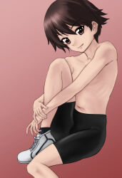 Rule 34 | 1girl, ankle socks, bike shorts, black shorts, black socks, brown eyes, brown hair, closed mouth, commentary request, girls und panzer, highres, hugging own legs, isobe noriko, knee up, looking at viewer, navel, red background, shoes, short hair, shorts, simple background, sitting, smile, sneakers, socks, solo, topless, white footwear, yoyokkun