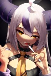 Rule 34 | 1girl, absurdres, ahoge, bare shoulders, black collar, collar, demon horns, doroti., grin, highres, holding, holding knife, hololive, horns, knife, la+ darknesss, long hair, long sleeves, looking at viewer, mouth hold, multicolored hair, necktie, purple hair, simple background, smile, solo, streaked hair, teeth hold, upper body, virtual youtuber, yellow eyes, yellow necktie