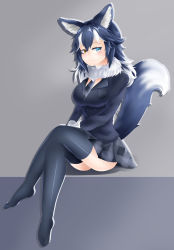 Rule 34 | 10s, 1girl, :3, absurdres, animal ears, between breasts, black hair, blue eyes, blush, breasts, fur collar, gloves, grey wolf (kemono friends), heterochromia, highres, kemono friends, large breasts, crossed legs, long hair, long sleeves, looking at viewer, multicolored hair, necktie, necktie between breasts, scorpion (js60216), sitting, skirt, solo, tail, two-tone hair, wolf ears, wolf tail, yellow eyes