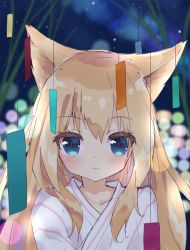 Rule 34 | 1girl, animal ears, blonde hair, blue eyes, blurry, blurry background, blush, cat ears, closed mouth, collarbone, depth of field, hair between eyes, hamaru (s5625t), japanese clothes, kimono, long hair, looking at viewer, night, night sky, original, outdoors, sky, slit pupils, smile, solo, star (sky), starry sky, tanabata, tanzaku, upper body, white kimono