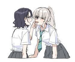 Rule 34 | 2girls, black hair, blue necktie, collared shirt, commentary request, danji bang, girls band cry, grey eyes, grey skirt, kawaragi momoka, korean commentary, light brown hair, long hair, looking at another, medium hair, multiple girls, nana (girls band cry), necktie, one eye closed, open mouth, pleated skirt, ponytail, school uniform, shirt, simple background, skirt, sweatdrop, tongue, tongue grab, tongue out, upper body, white background, white shirt