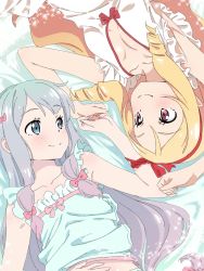 Rule 34 | 2girls, armpits, bed sheet, blonde hair, blue eyes, blue shirt, bow, breasts, brown eyes, cleavage, collarbone, dress, drill hair, eromanga sensei, eye contact, from above, hair bow, hairband, hand on own stomach, highres, izumi sagiri, long hair, looking at another, lying, makicha (sasurainopink), midriff, multiple girls, on back, pink bow, pointy ears, red bow, red hairband, shirt, silver hair, sleeveless, sleeveless dress, sleeveless shirt, small breasts, smile, upper body, very long hair, white dress, yamada elf