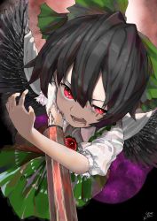 Rule 34 | 1girl, arm cannon, bird wings, black hair, blood, blood on arm, blood on face, control rod, green skirt, highres, open mouth, red eyes, reiuji utsuho, shirt, short sleeves, signature, skirt, solo, third eye, touhou, weapon, white shirt, wings, yuara