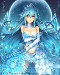 Rule 34 | 1girl, angelmaster, bare shoulders, blue hair, breasts, cleavage, company name, copyright name, cowboy shot, crystal, dress, elbow gloves, eyebrows, flower, gloves, glowing, glowing weapon, groin, hair between eyes, holding, holding weapon, ice, light smile, long hair, looking at viewer, medium breasts, moon, official art, saltydanshark, sky, smile, solo, staff, star (sky), starry sky, tiara, weapon, white gloves, yellow eyes